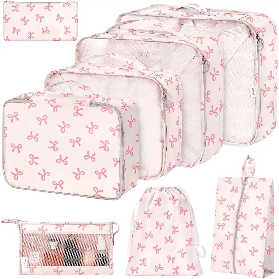 8-Piece Fabric Packing Cube Set for Suitcases - Travel Luggage Organizer with Shoe, Cosmetics, Clothing & Accessories Bags for Women (Pink Bows)