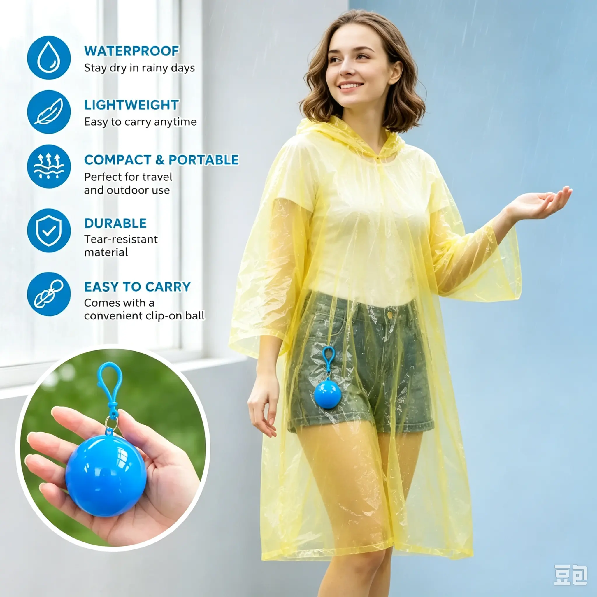 1‑Pack Hooded Emergency Disposable Raincoat, Waterproof & Rip‑Proof Compact Poncho with Keychain Ball Case for Outdoor Sudden Downpour, Camping & Travel