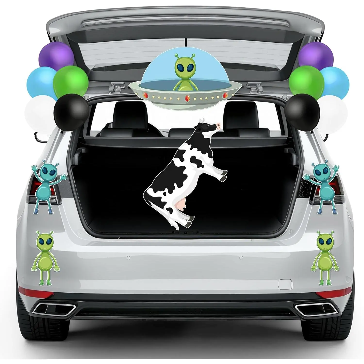 22 count Christmas Alien UFO Cow Trunk or  Outdoor  Decoration Kit with Balloon Backdrop for   Garage Door Decor, UFO Cow Abduction Christmas Outdoor Party Supplies
