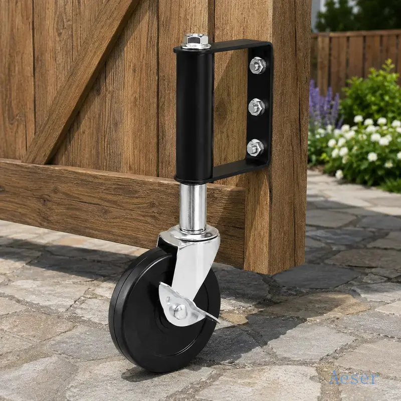 Heavy Duty Gate Support Wheel with Swivel Brake, 4 in Spring Loaded 360 °   Swivel Caster, 3-Hole Mounting Bracket for Wooden Gates & Fences, 220lb Capacity