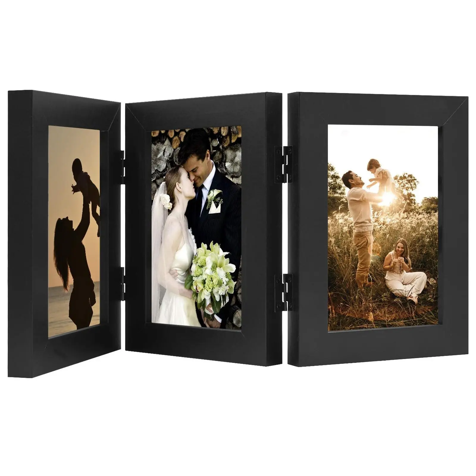 4x6 Triple Picture Frame Trifold Hinged Photo Frame With 3 Openings, Desk Top Family Picture Collage, With Real Glass