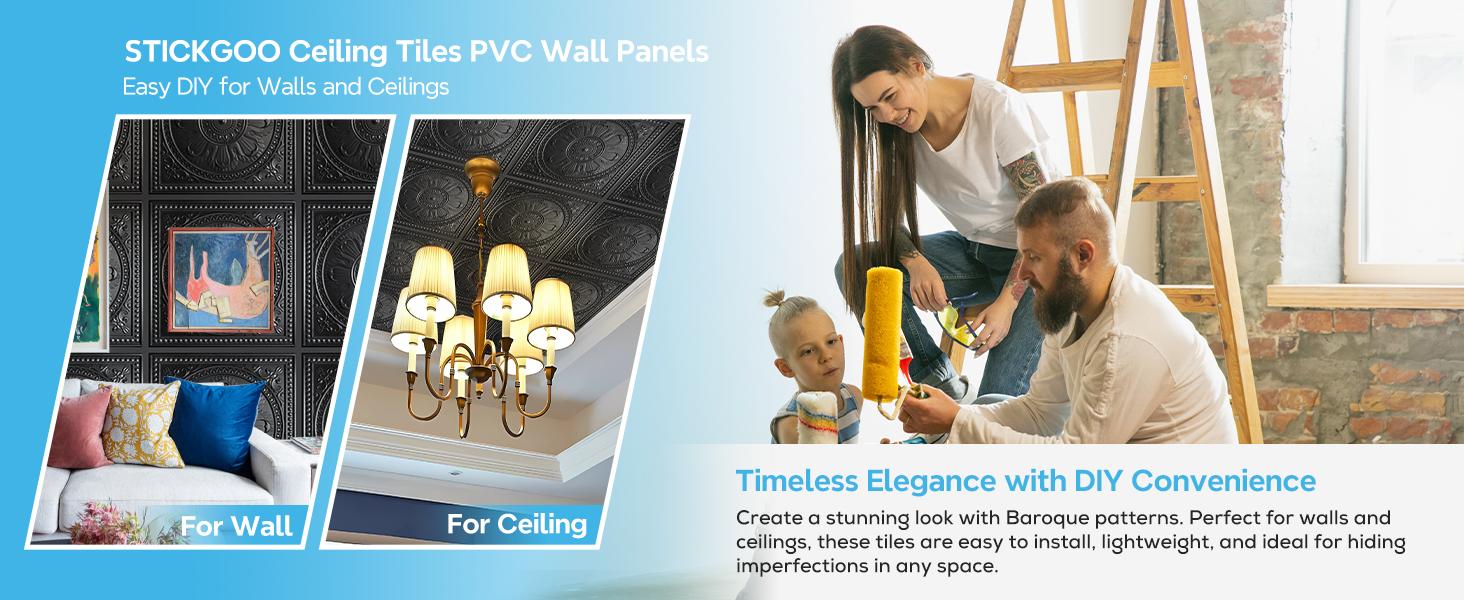 Drop Ceiling Tiles 24"x24", PVC Panels Ceiling Tiles Waterproof Reusable, Covers 48 Sq.Ft., Baroque Decorative Tiles for Home & Use (Pack of 12, Black)