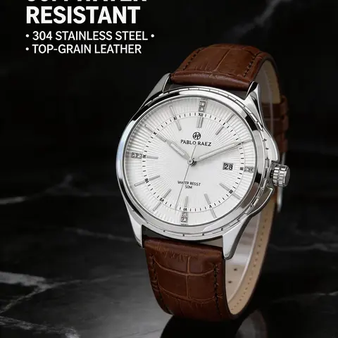 Luxury Men's Quartz Analog Wristwatch, Stainless Steel Case, Leather Strap, 50m Waterproof, Analog Dial, Night Light, Business Style, Perfect Gift, High Quality Watches