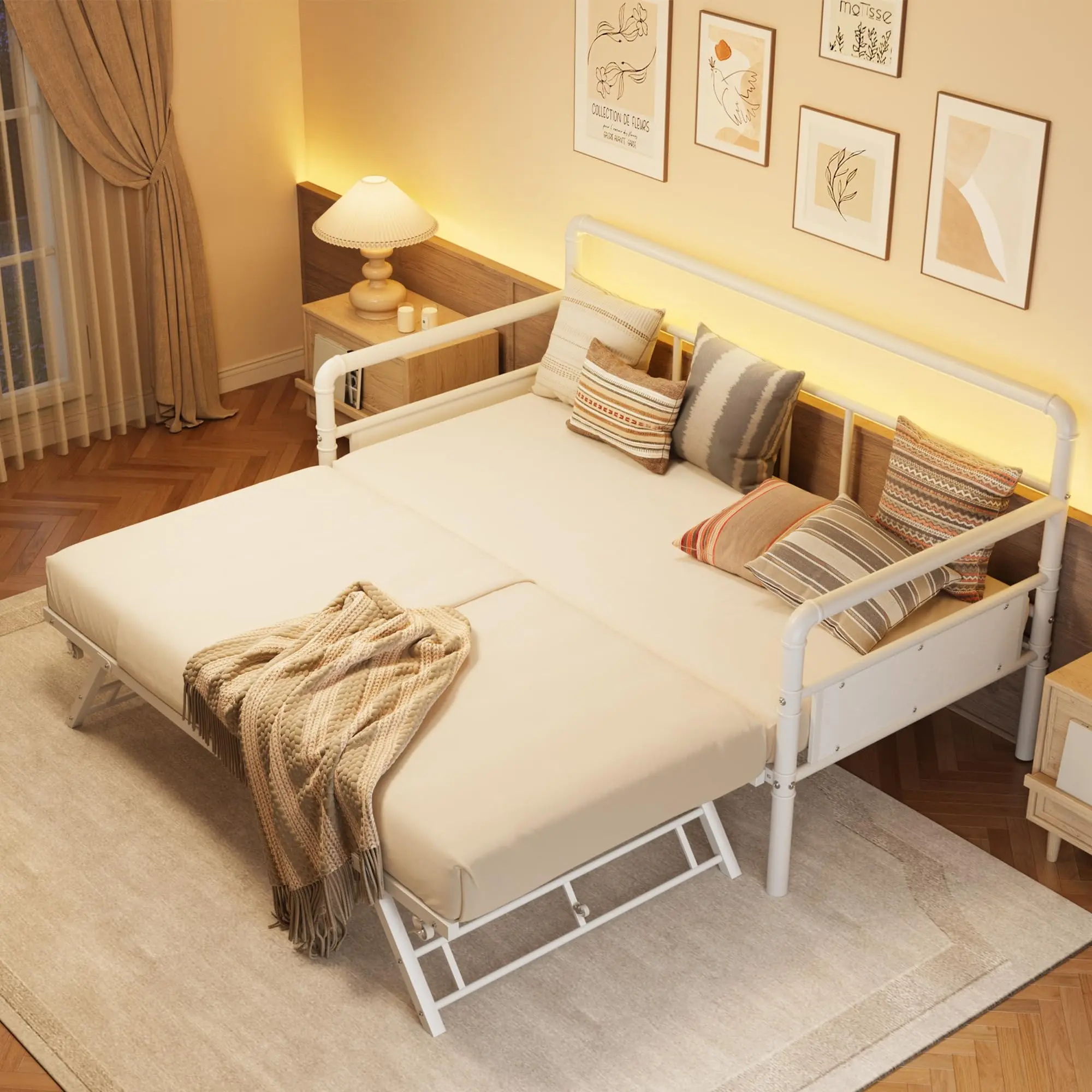Metal Daybed with Pop Up Trundle Bed – Heavy Duty Full Daybed with Classic Headboard & Steel Slat Support, Sofa Bed Platform for Living Room & Guest Room, No Box Spring Needed