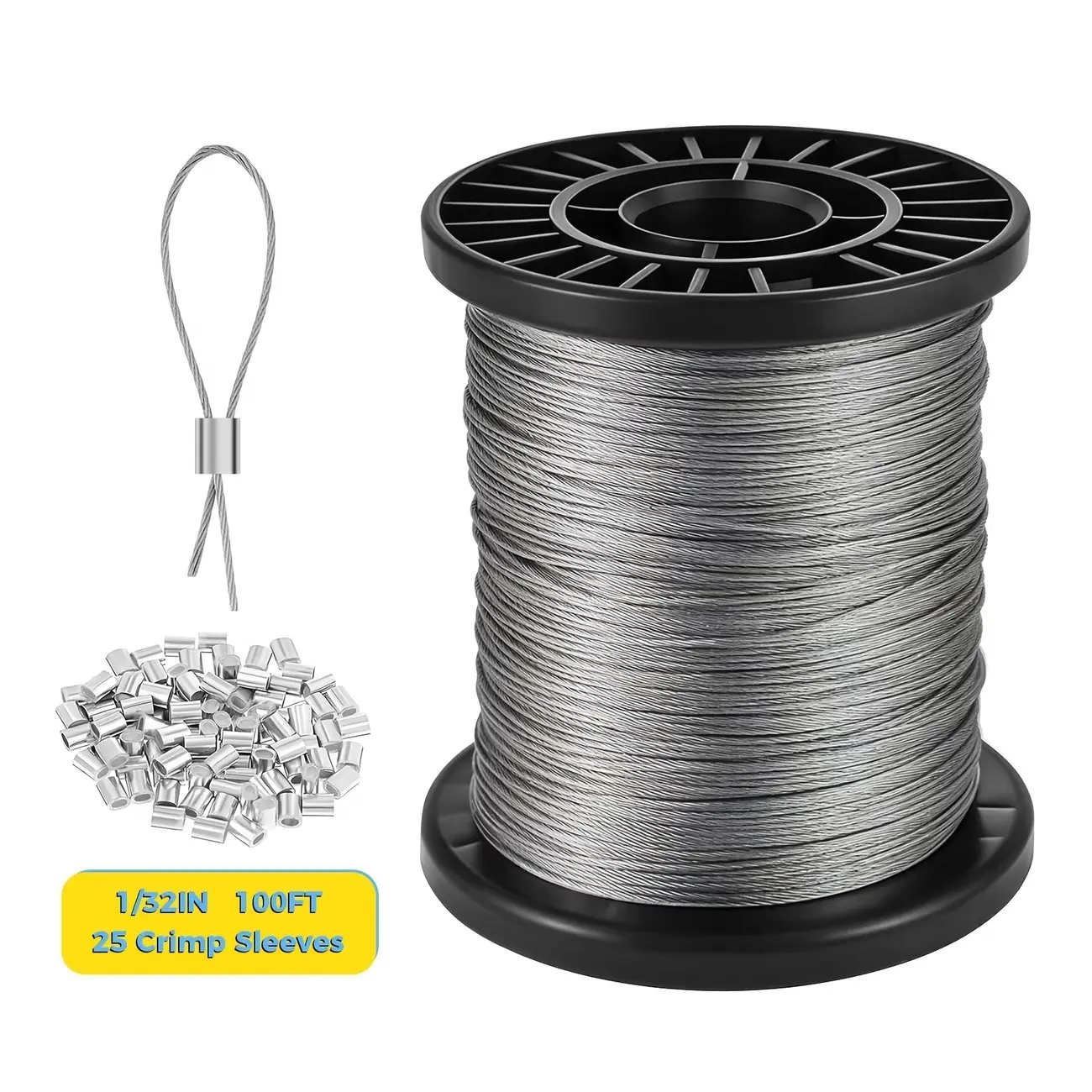 1/32 Inch 316 Stainless Steel Wire Rope, Versatile Use, Multifunction Rope, Ideal for String Lights, Clothesline, Grid Rack, 100ft with 25 Crimp Sleeves, 200ft with 50 Crimp Sleeves