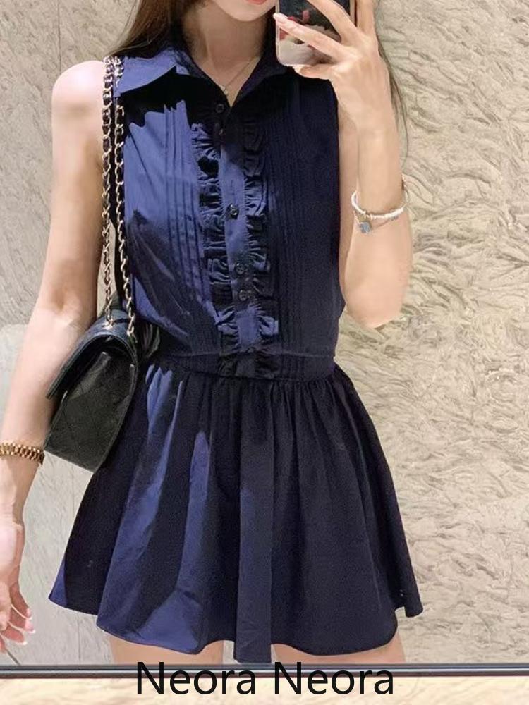 2025 Summer High Street Vintage Thin Dress Women Design Chic Loose Sleeveless Lapel Dresses Female Retro Casual Shirt Outfits
