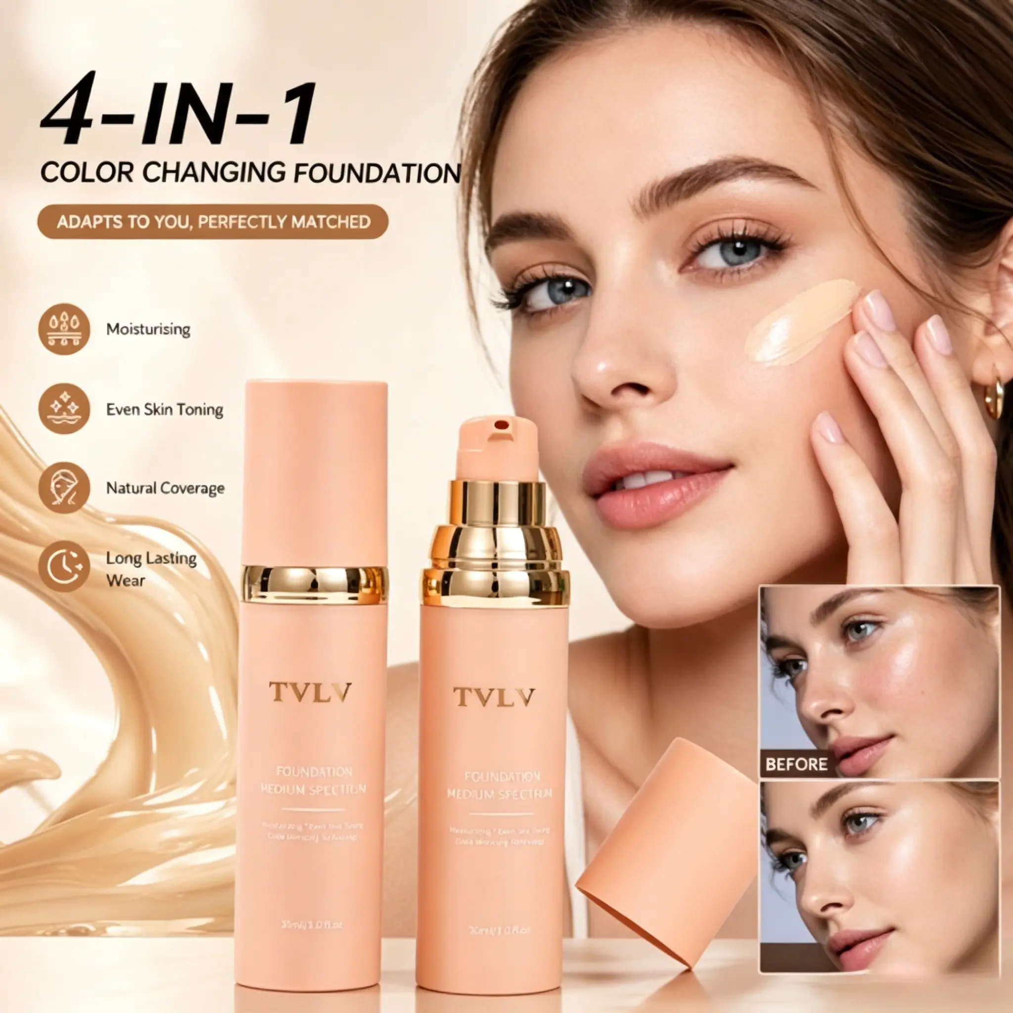 TVLV 4-in-1 Color Changing Multi-Functional Foundation, Long Wear Foundation, controls oil, conceals blemishes and brightens skin tone, nourishes and evens out complexions, offers long-lasting sweat-resistant coverage, resists caki