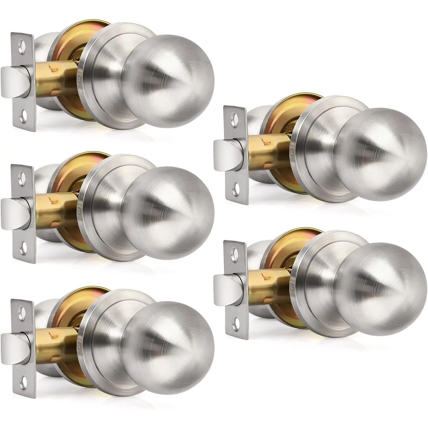 5 Pack Brushed Nickel Door Knobs Interior, Closet Door Knob, Nickel Passage Door Knobs Interior, Hall and Closet Door Knobs for Bedroom or Bathroom, Non-Locking Doorknob with Round Ball
