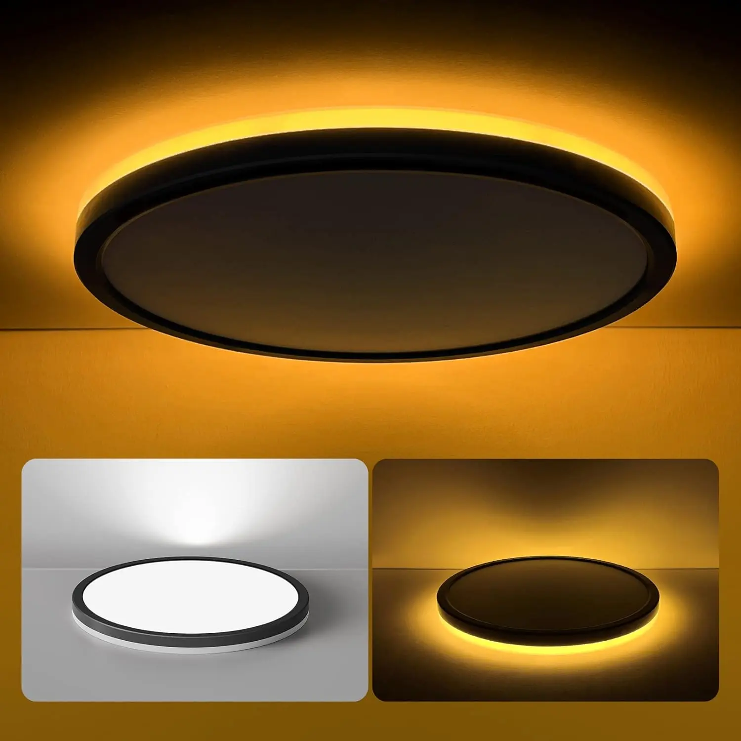 12-inch Eco-Friendly LED Flush Mount Ceiling Light Fixture with Night Light, 24W 2400LM 3000K/4000K/5000K Selectable Dimmable, for Hallway, Bedroom, Interior Design Styles (Round Black)