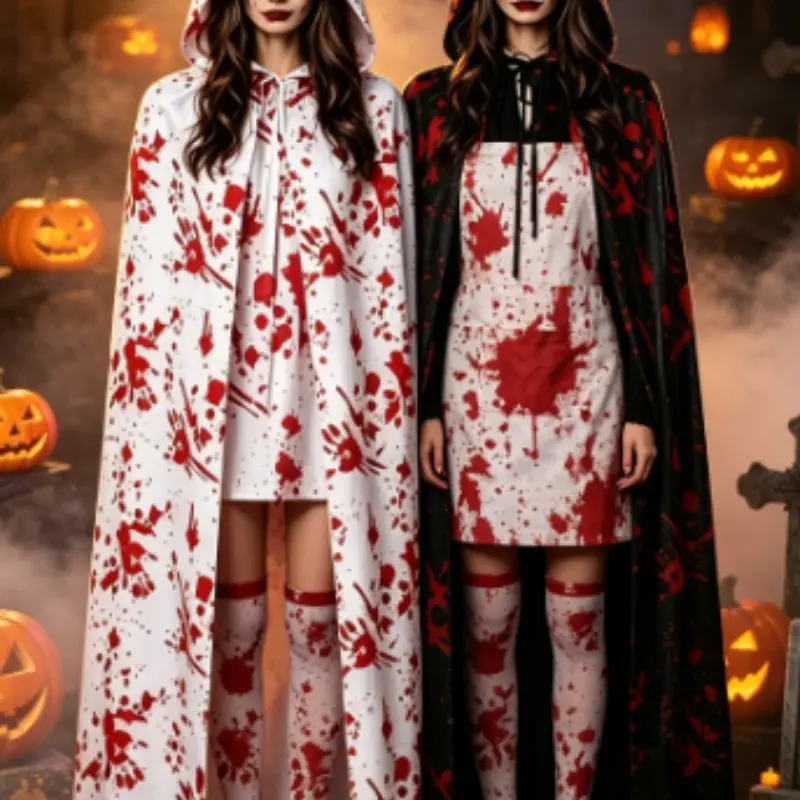 Halloween Party Cape for Kids and Adults, Bloodstain Cape, Bloody Apron, Bloodstain Knee High Socks, Cosplay Props