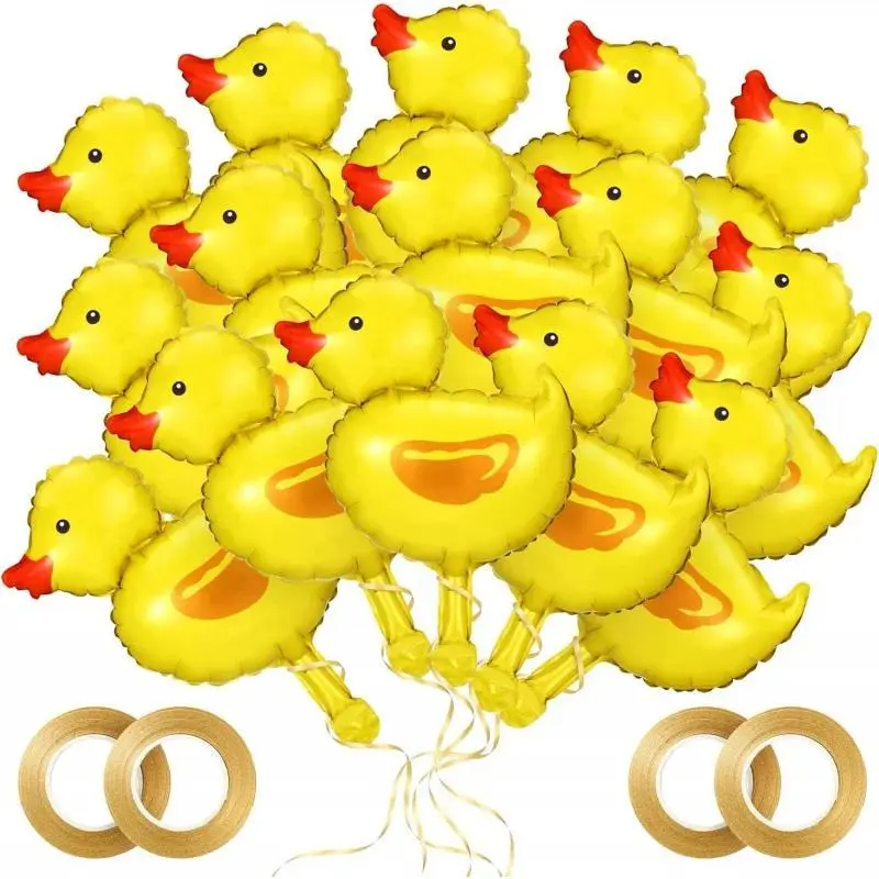16-Pcs Inflate-Easily Self-Sealing Duck-Shape Aluminum Foil Balloons with Gold Ribbons, Farm Animal Themed Garden Decor for Birthday Parties, Baby Showers, Graduation Events