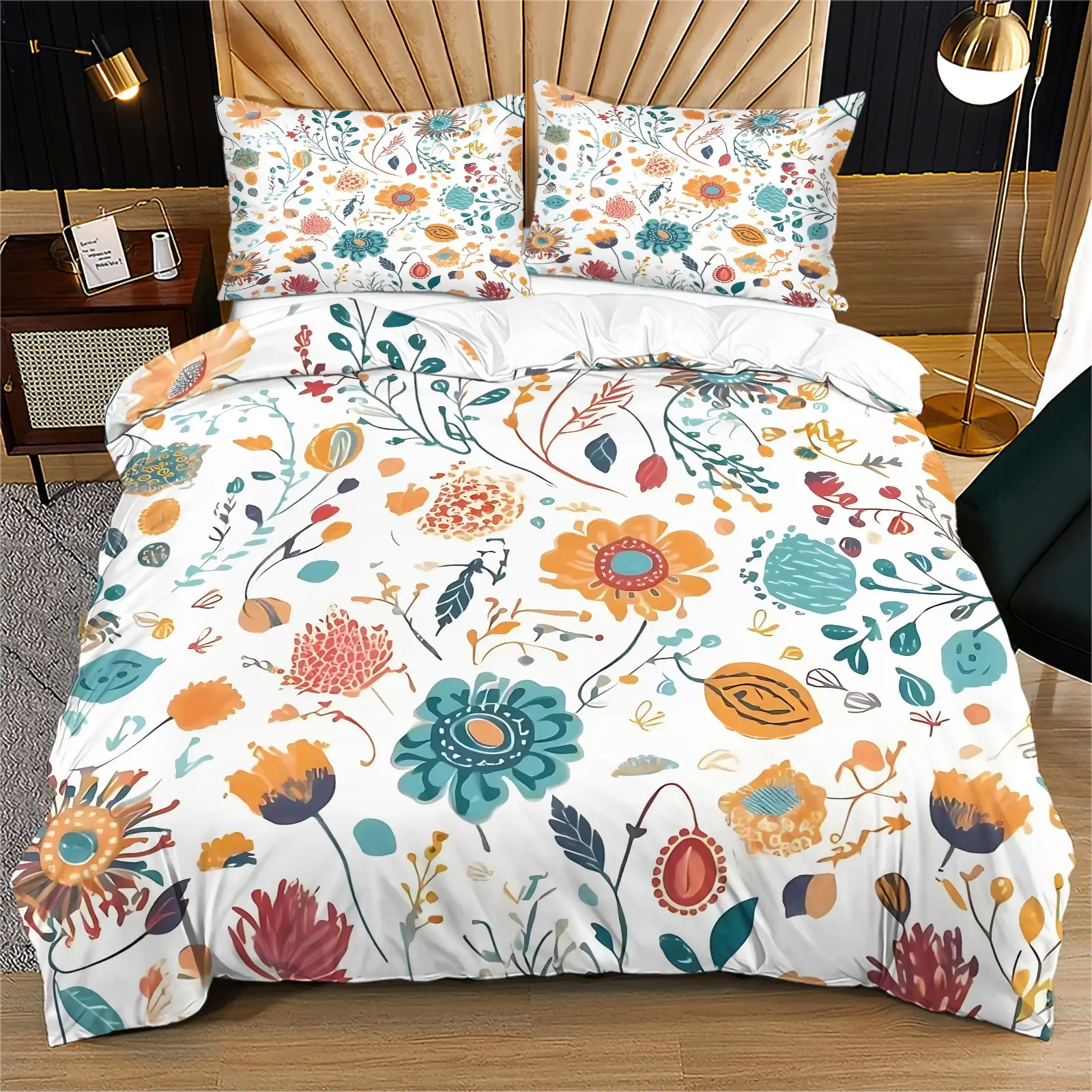 Floral Duvet Cover Set, Floral Bedding Sets, Colorful Hand Drawn Flower Pattern On White Base, Soft Breathable Microfiber, Hidden Zipper & Corner Ties, Fresh Cottage Style Bedroom Decor, Includes 2 Pillowcases - without Core