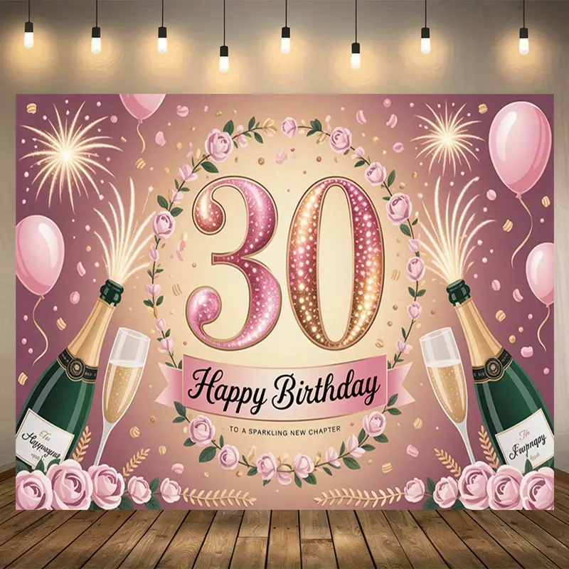 Glitter 30th Birthday Champagne Balloon Celebration Party Backdrop Fabric Tapestry Birthday Decor Photo Background Wall Decor Event Decor Photography Backdrop Luxury Adult Birthday Indoor Outdoor Polyester Fiber Durable Decorative Banner Cloth