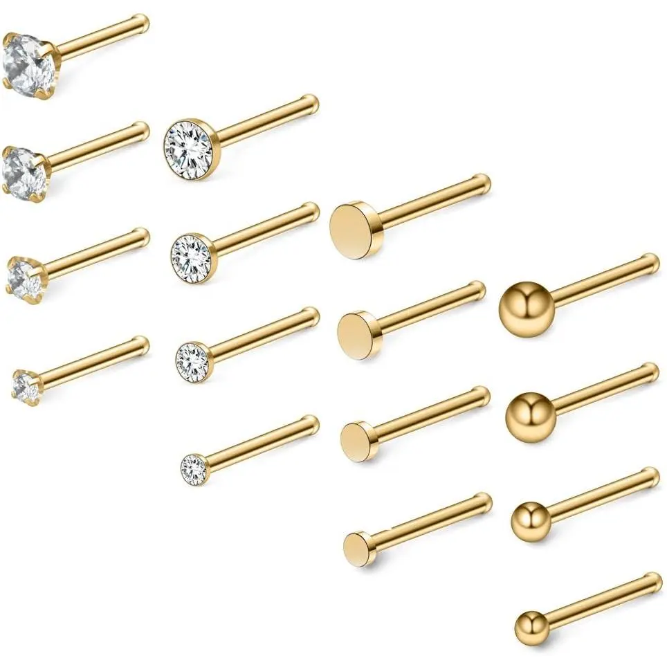 20G 18G Surgical Steel 1.5mm-3mm Flat Ball Clear  CZ Nose Stud Rings Bone Pin Piercing Jewelry 16-34count