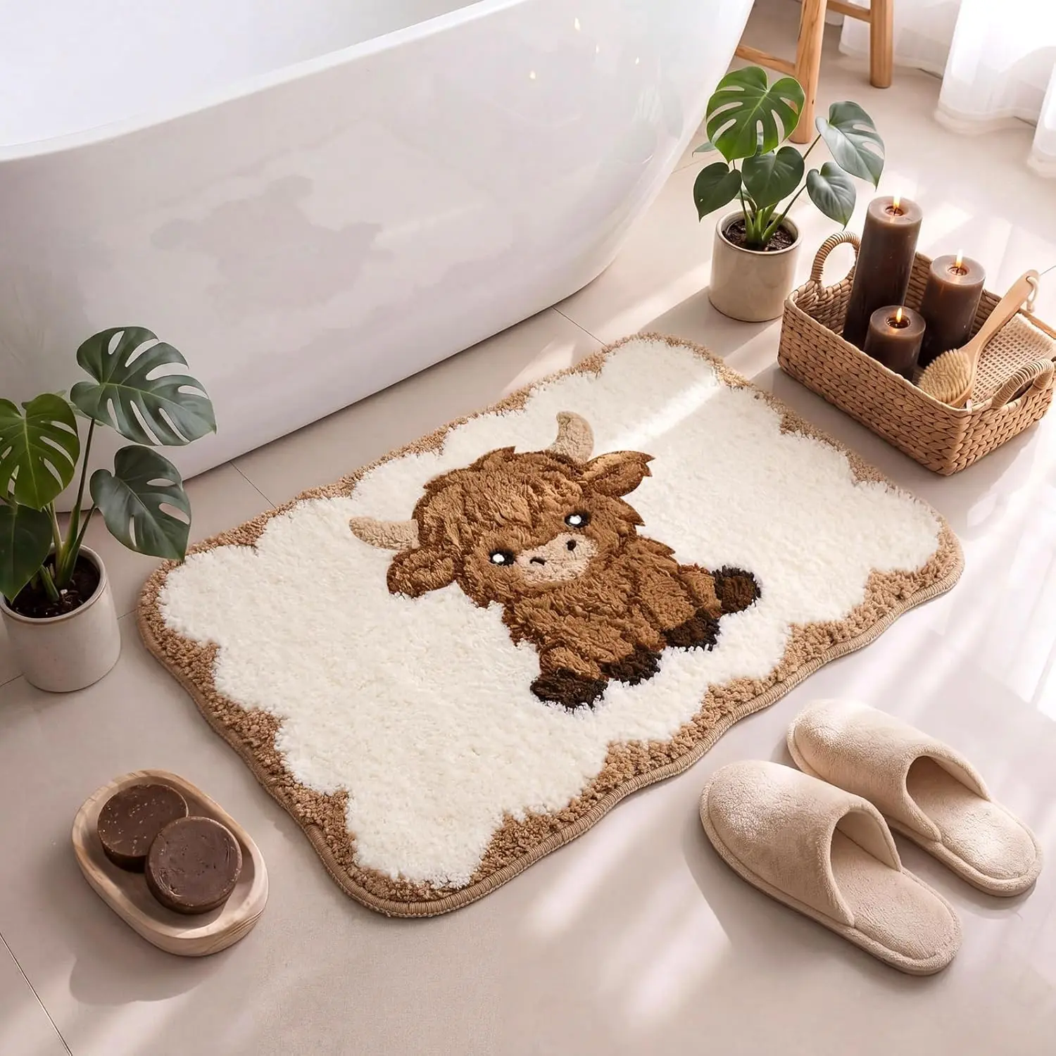 24x16in Fluffy Thick Animal Print Breling Highland Cow Bathroom Rug, Brown-White Flocked Western Rubber Bath Mat with Scalloped Edge, Non-Slip Absorbent Tufted Floor Mat for Bathroom Tub, Farmhouse Room Accessories, Rustic
