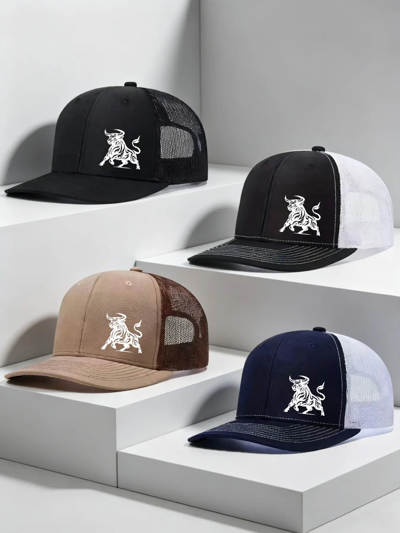 4pcs Unisex Baseball Cap Bull Printing Hat Mesh Hats for Mens Women Richardson Slightly Curved Brim Baseball Cap Adjustable Trucker Hats Dad Hats Outdoor Mesh Breathable Sun Hat Polyester Trucker Hats