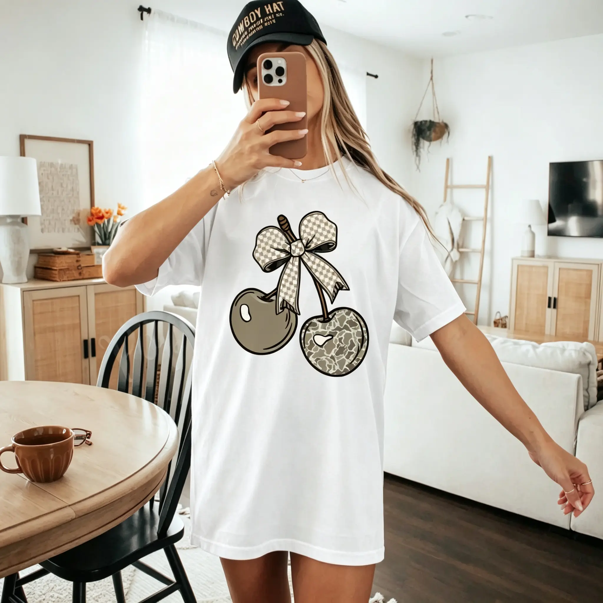 Camo Cherry Graphic Tee for Women Cute Bow Cherry T Shirt Trendy Oversized Short Sleeve Casual Everyday Outfit