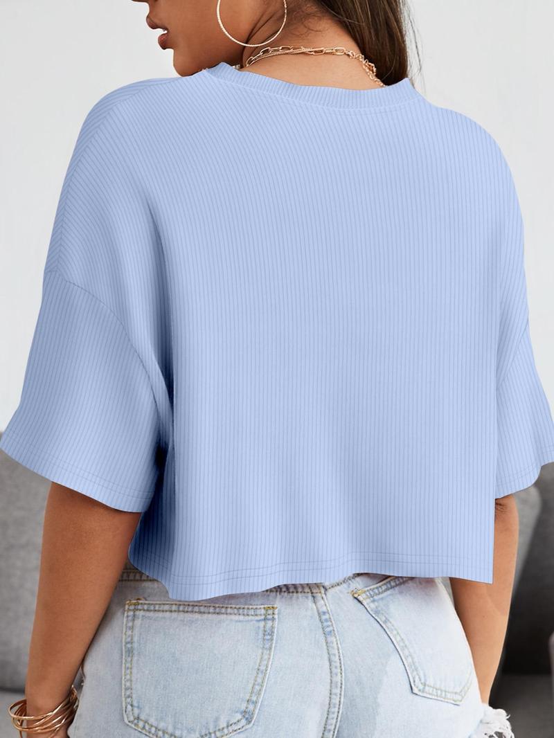 Women's Plain Ribbed Curved Hem Crop Tee, Casual Half Sleeve Round Neck T-shirt for Summer, Ladies Clothes for Daily Wear