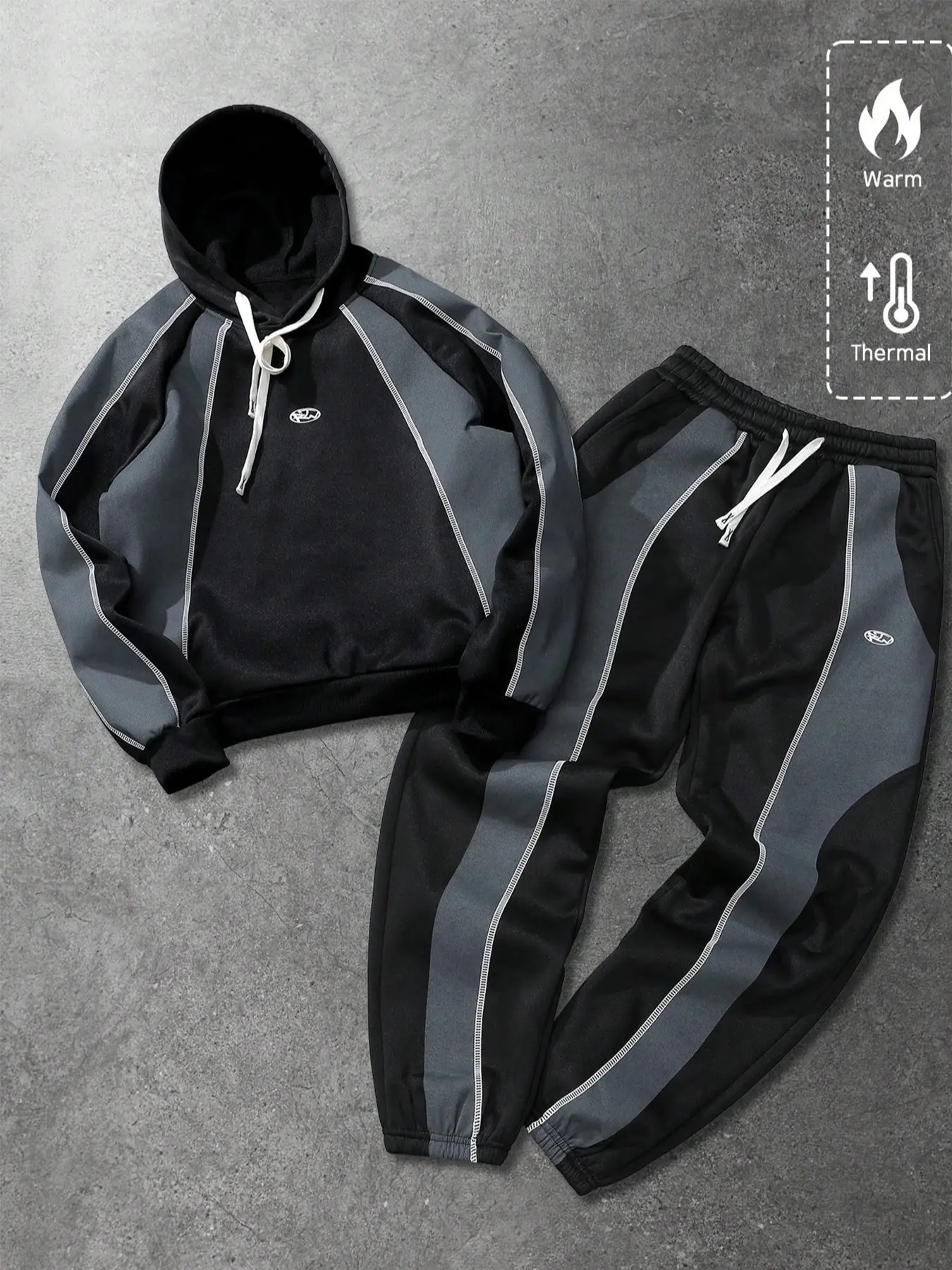 Men's Two-Piece Set, Colorblock Contrast Stitched Fleece Sports Suit, Fall Winter Hooded, Drawstring Waist, Warm Thermal Fabric, Cuffed Sweatpants, Colorblock Fleece Sportswear, Casual Athletic Wear