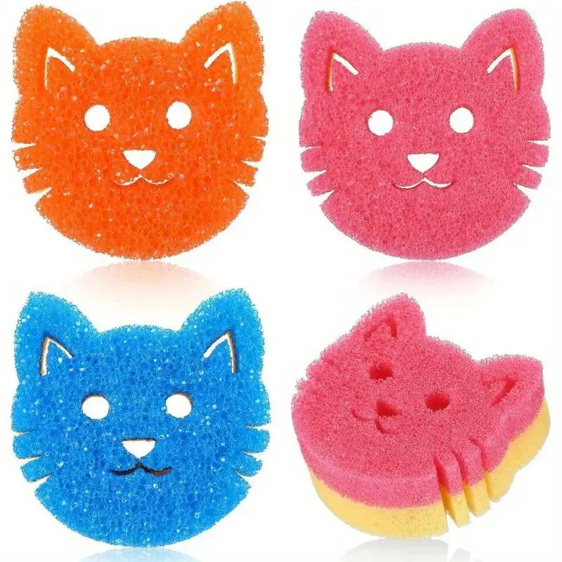 3pcs Double-Sided Scrub Sponges, Temperature-Sensitive Surface - Scratch-Free Dishwasher Safe, Multi-Color Cat Face Design, Suitable for Kitchen, Bathroom and Pet Cleaning, Durable Kitchen Sponge