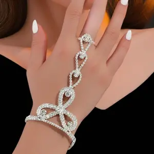 Women’s Rhinestone Hand Chain Bracelet – Sparkling Ring Bracelet with Crystal CZ Stones, Elegant Statement Jewelry for Stage Performance, Parties & Events