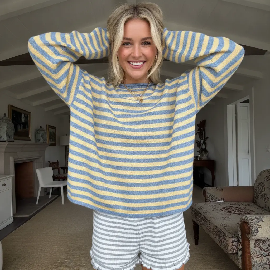 Women Horizontal Striped Crew Neck Knit Sweater, Soft Fuzzy Lightweight Long Sleeve Loose Oversized Roll Edge Pullover Top, Casual Relaxed Fit Color Block Stripe Knit Jumper