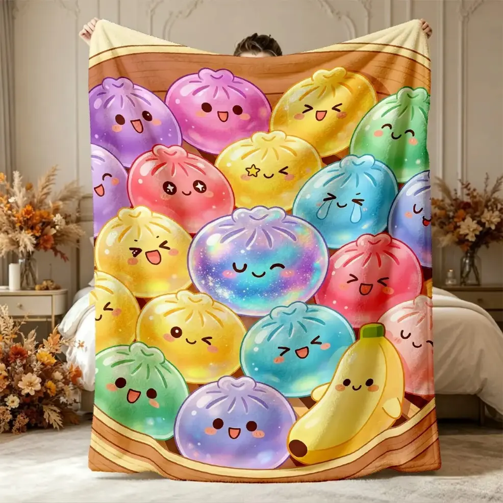Cartoon Colorful Cute Food Printed Flannel Blanket, Crystal Dumpling Banana Squishy Steamer Pattern, Cozy Throw Blanket, Soft Lightweight, All-Season & Machine Washable, Decor Throw for Sofa, Bed, Camping, Baby Blankets and Adult Blankets, Ideal Gift for