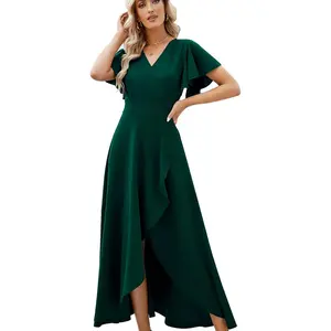 Long Black Formal Dresses for Women Evening Party Cocktail Dress, Split Elegant V Neck Wrap Ruffle Wedding Guest Dresses