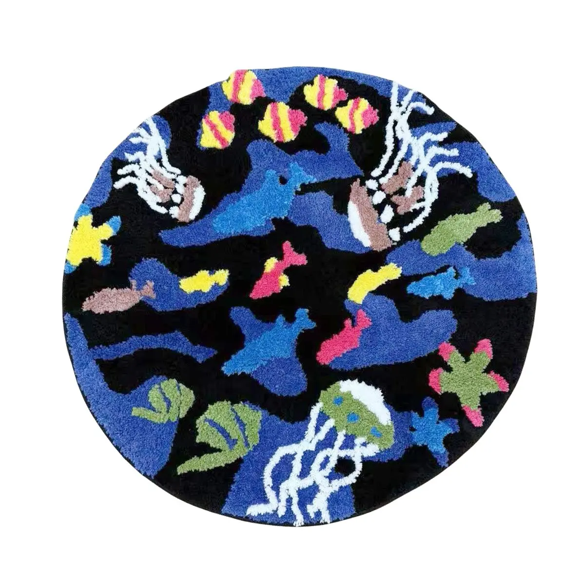 Ocean Reef Tufted Rug Round Marine Life Area Rug Coastal Beach House Decor Non Slip Carpet for Bedroom Living Room
