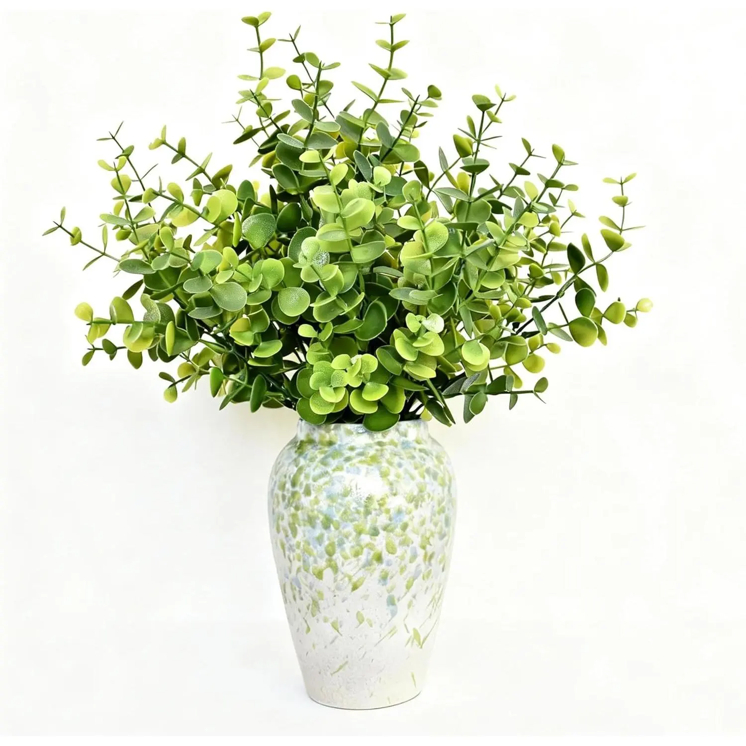 13" Artificial Eucalyptus Stems in Green & Blue Speckled Ceramic Vase, Table Centerpiece for Home Décor, Fake Eucalyptus Plant Arrangement for Living Room, Office, Farmhouse & Wedding Decorations