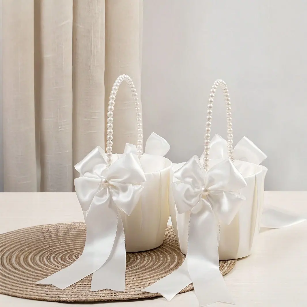 Elegant Bridal Flower Girl Baskets, Pearl Handle, Bow Design, Perfect for Wedding Ceremonies, Set of 2, Essential Bride Accessories