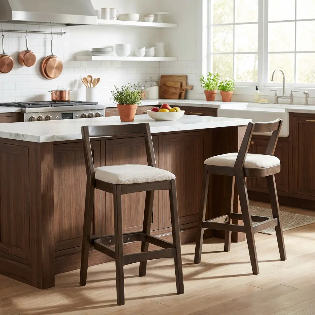 ARCH Jasper Classic Solid Wood Barstool Set of 2 - Dark Brown Rubberwood, Beige Upholstered Seat Counter-Height Bar Chairs for Kitchen Island, Home Bar Furniture Seating
