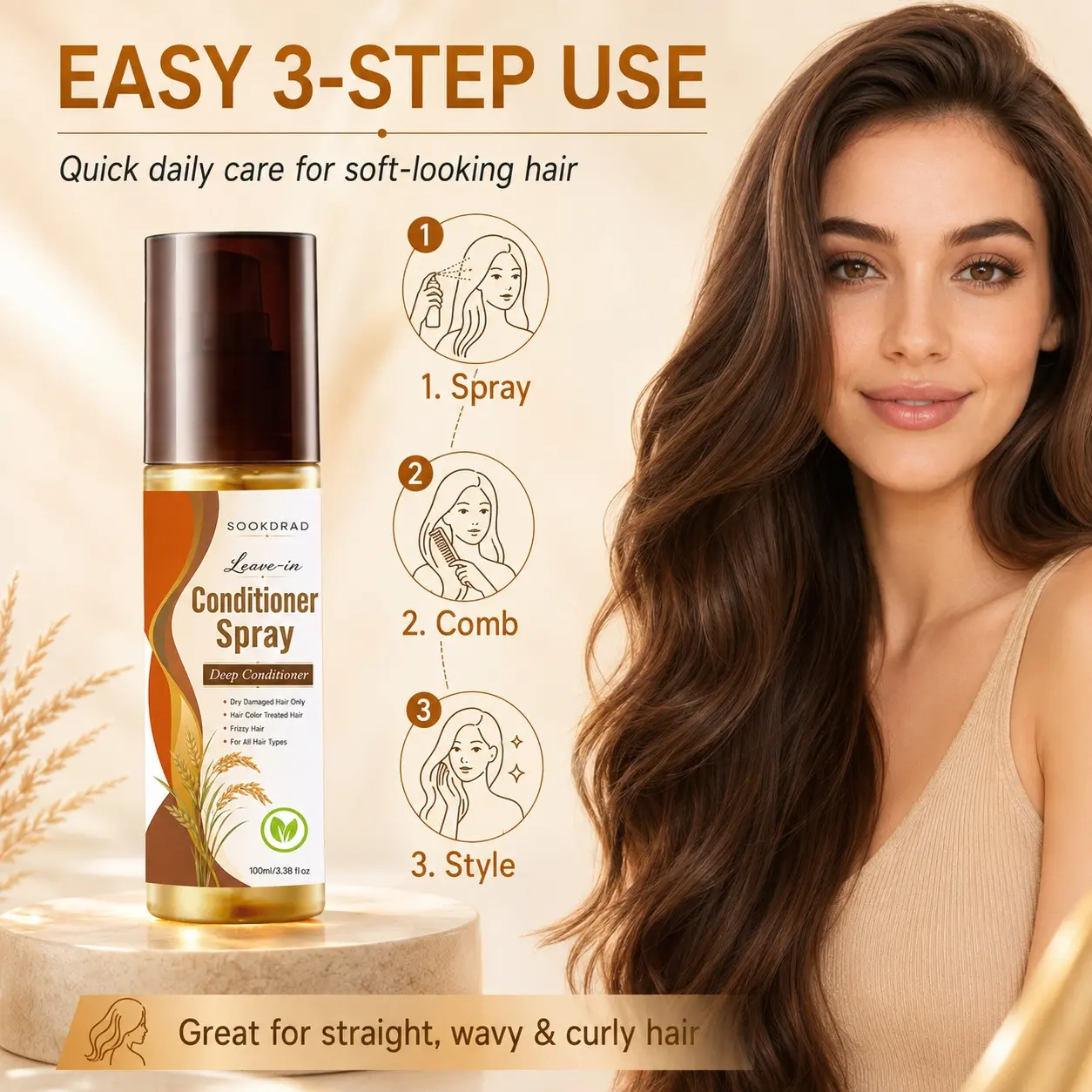 Leave-in Conditioner Spray, Deep Conditioner, suitable for dry damaged hair, suitable for color treated hair, suitable for frizzy hair, suitable for all hair types, hair care treatment, 100ml/3.38 fl, Daily Conditioner Spray
