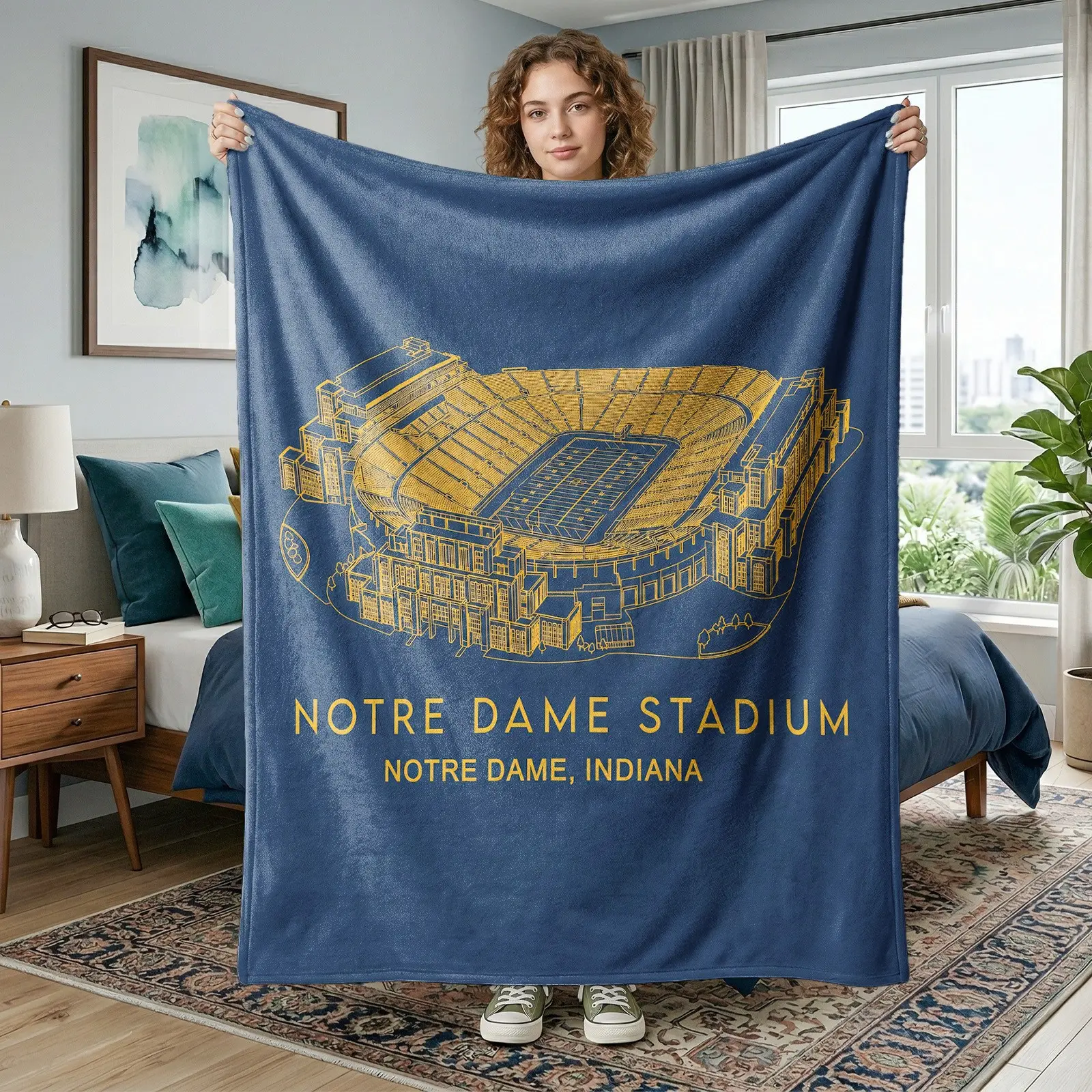 1pc Notre Dame Stadium Vintage Fleece Blanket, Golden Stadium Line Art, Navy Background, Landmark & Classic Sports Print, Retro Collegiate Sports Style. Soft Warm Multi-use Blankets for Sofa, Bed, Camping, Perfect Sports Fan Gift, Blanket Gifts