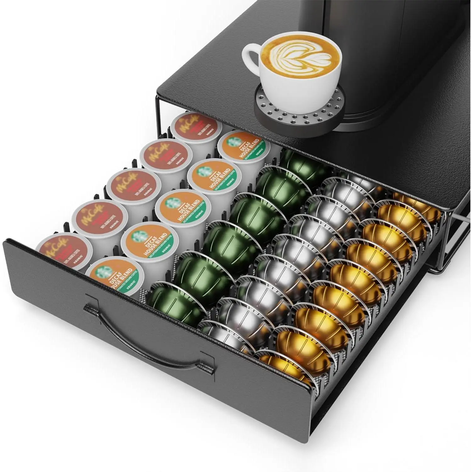 Coffee Pod Holder Drawer Compatible with Nespresso - 40 Large or 60 Small VertuoLine Pods - Black Metal Coffee Capsule Storage Organizer for Vertuo - Coffee Capsule Holder for Kcup Home Kitchen