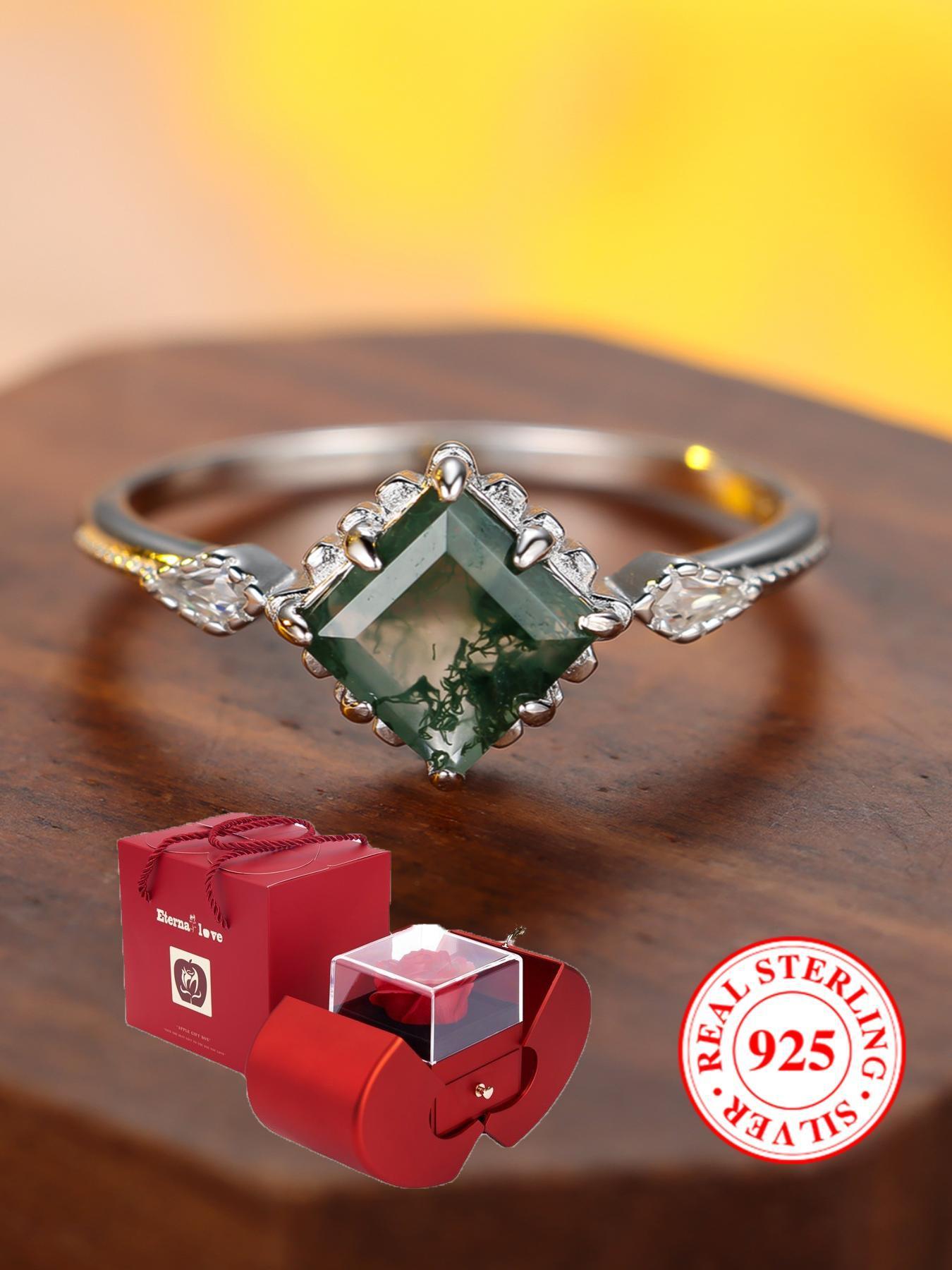 S925 Sterling Silver Artificial Gemstone Sea Grass Decor Ring, Emerald Cut Solitaire Ring, Rings for Women, Fashion Elegant Engagement Ring for Party, Daily Clothing Decor, Trendy Jewelry for Birthday Gift, with Box As Gift