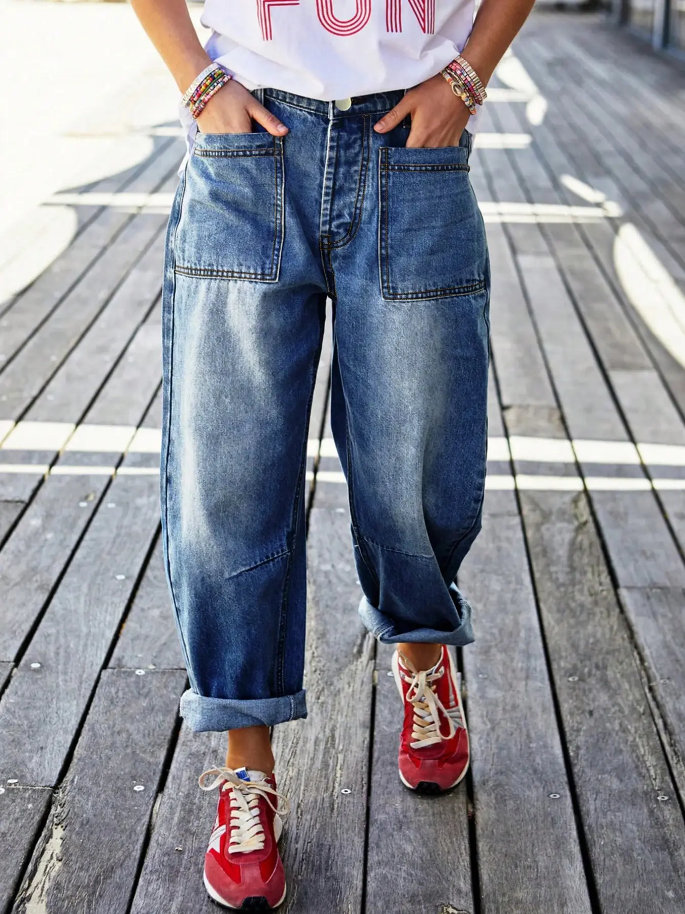 Women's Fashion Deep Blue Denim Jean Pants, Loose Fit, Washed Vintage Effect, Retro Style, All Season Wear, Creative Banana Cut Design