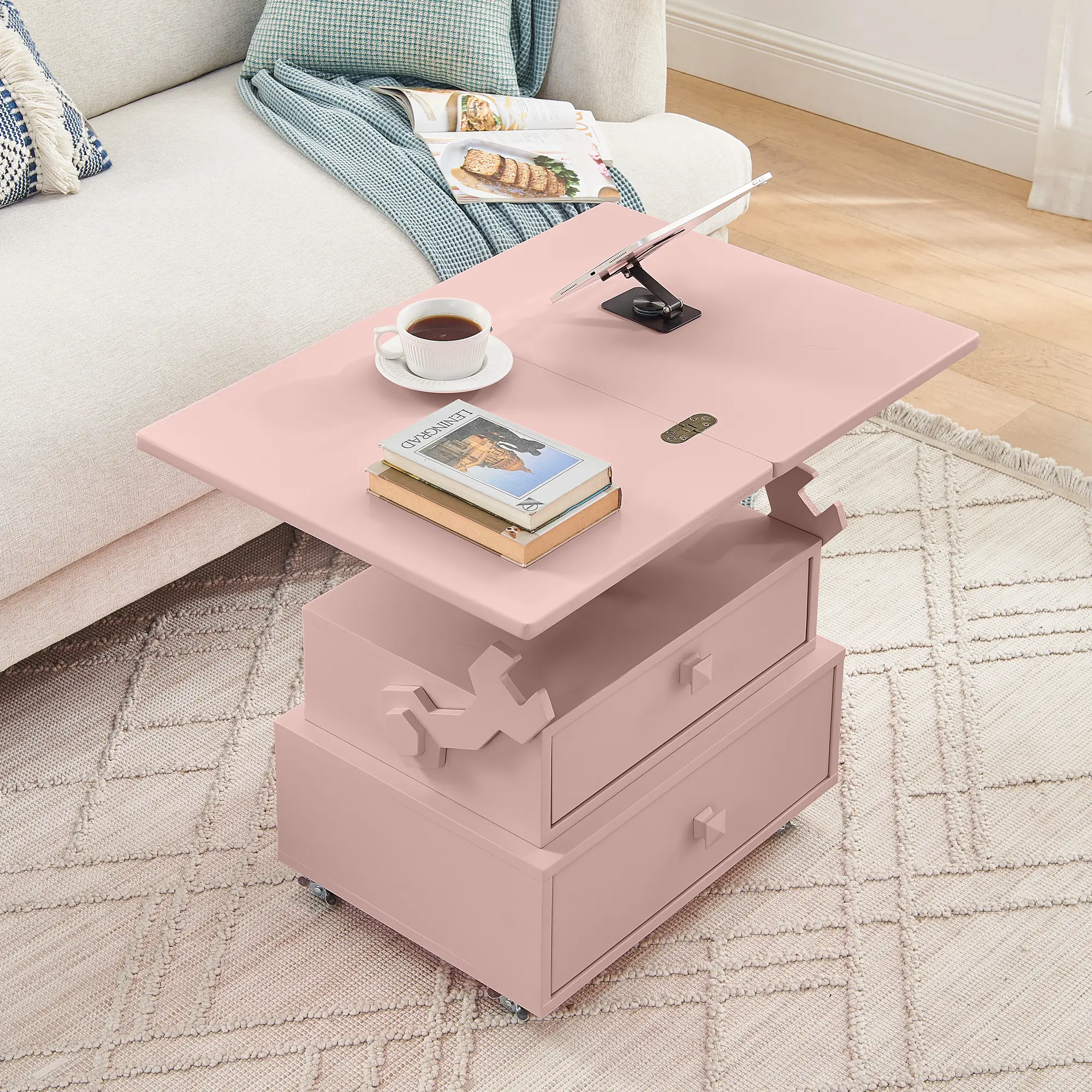 Nokaa High-Gloss Lacquered Adjustable Height Rolling End Table with Charging Station, Lift Top Side Table with Storage Drawers and Lockable Wheels, Multi-Functional Nightstand for Living Room Bedroom Office, Multiple Color Options