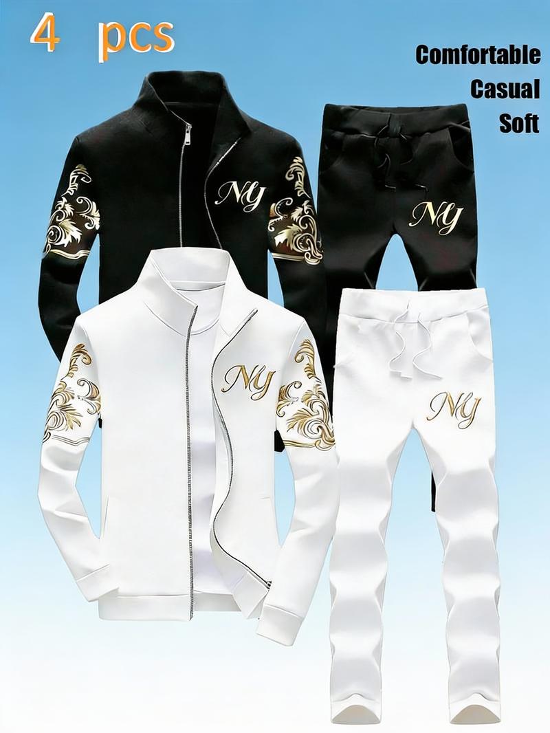 Men's Stand-Collar Zipper Tracksuit - Stylish NY Embroidered Pattern, 4-Piece Casual Sports Set
