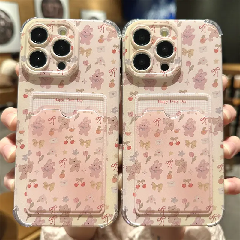 Cherry bunny bow card holder phone case, made of TPU material, compatible with iPhone 17, 16, 15, 14, 13, 12, 11, X, XS Max and Samsung models.