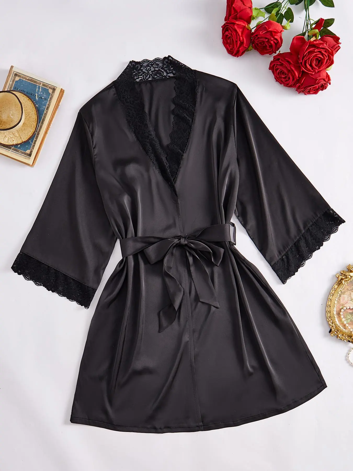 Women's Contrast Lace Belted Robe, Gowns, Solid Color Long Sleeve V Neck Lounge Robe, Casual Comfy Sleepwear Loungewear for Women
