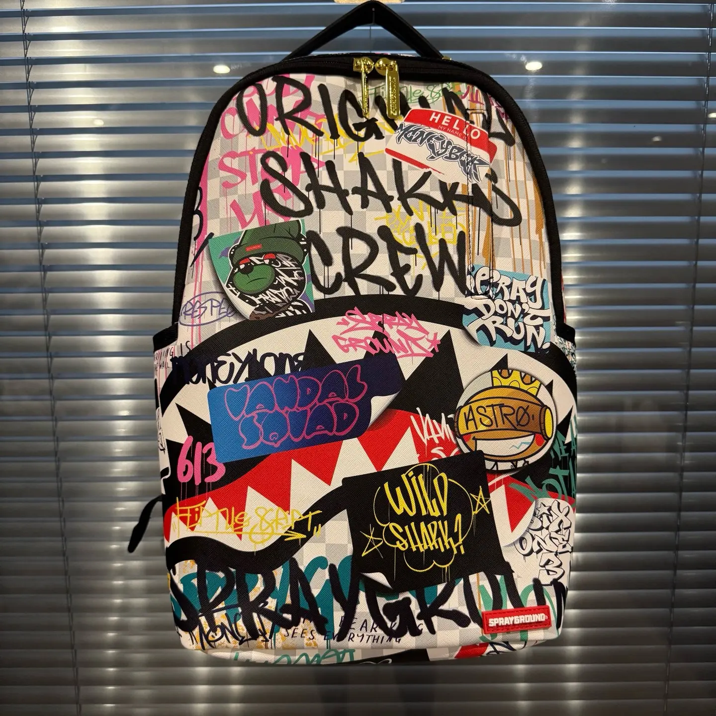SPRAYGROUND SG Graffiti Sticker Bomb Shark Mouth PVC Backpack - Unisex Couple-Style Functional Luggage Bag