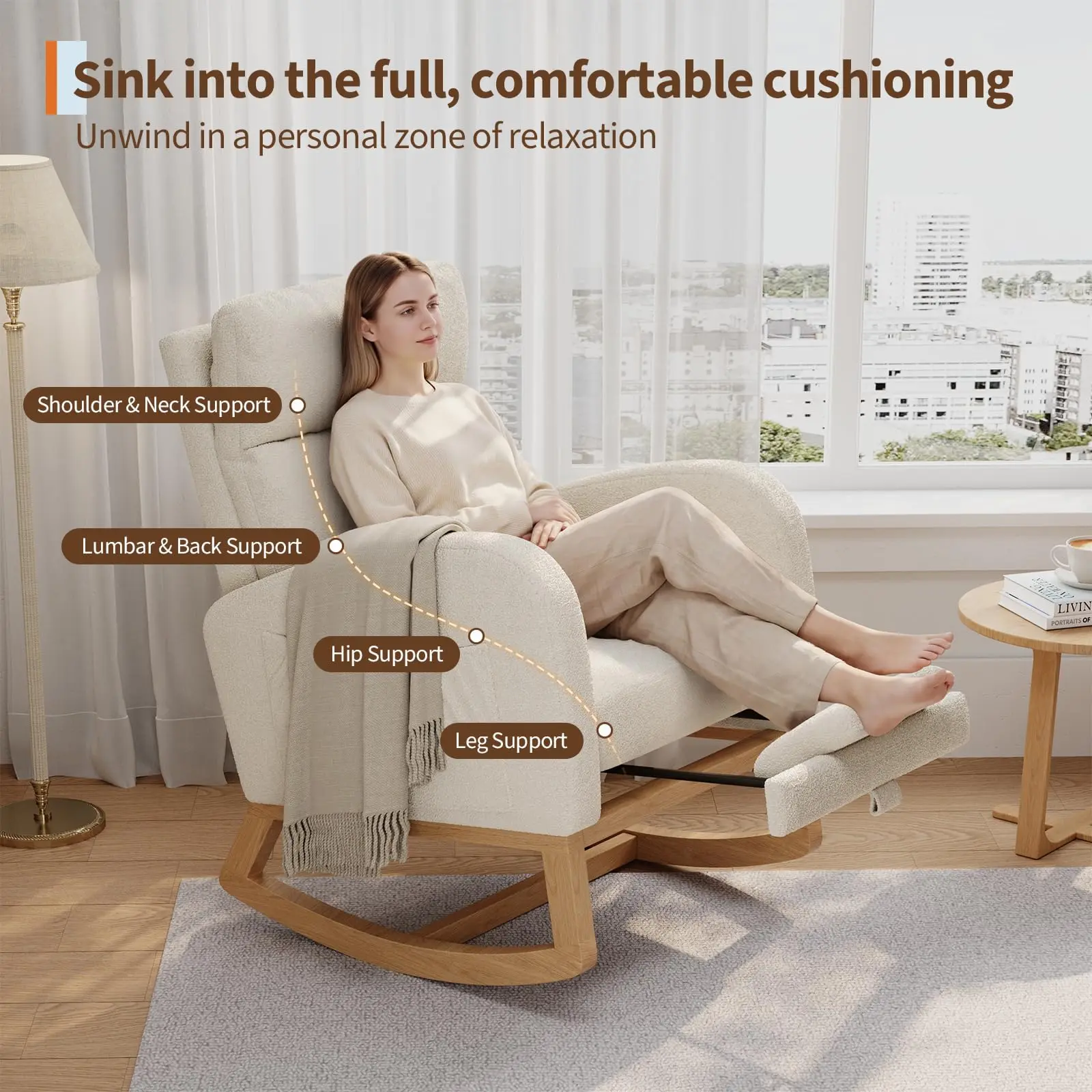 Modern Rocking Chair with Pillow & Side Pockets – Corduroy & Soft Fleece Upholstery – Comfortable Glider Rocker for Living Room, Bedroom, Nursery – Optional Footrest