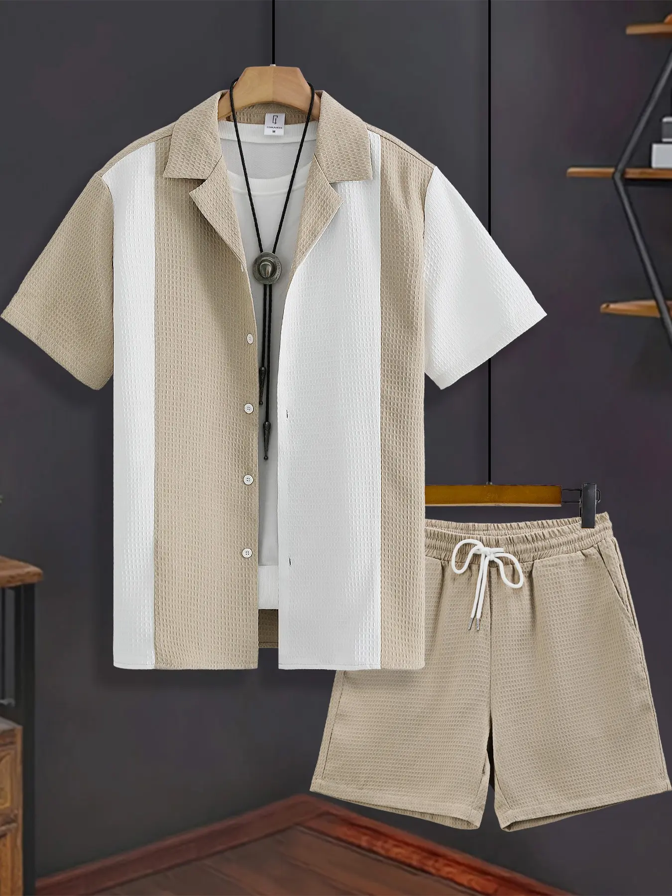 Men 2 Piece Color Block Bubble Grid Matching Set, Striped Cuban Collar Short Sleeve Shirt & Drawstring Casual Shorts, Light Breathable Fabric For Home Daily Street Outfits