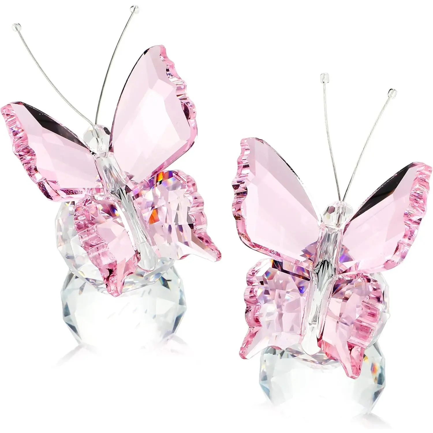 2 Pcs Crystal Butterfly Figurines with Clear Glass Ball Base,Glass Butterfly Statues, Crystal Animal Figurines for Home Decor, for Women(Pink)