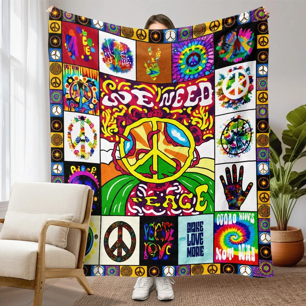 1pc Hippie Peace Sign Theme Flannel Blanket, Colorful Retro Tie Dye Fleece Throw with Peace Symbols, Love, Flower, Abstract Art Collage Design, Vintage Boho Style Soft Cozy Blanket for Sofa, Bed, Office, Camping, Birthday & Christmas Gift