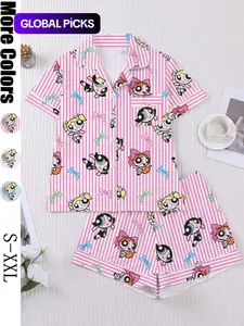 Women's Pajama Set with Cartoon Print, Short Sleeve Button Front Top and Elastic Waist Shorts, Comfortable All-Season Home Loungewear