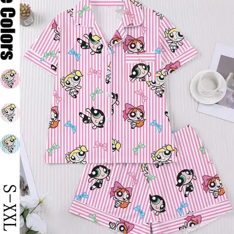 Women's Pajama Set Pyjamas with Cartoon Print, Short Sleeve Button Front Top and Elastic Waist Shorts, Comfortable All-Season Home Loungewear Nightwear Printed Sleepwear Set #GLOBAL PICKS