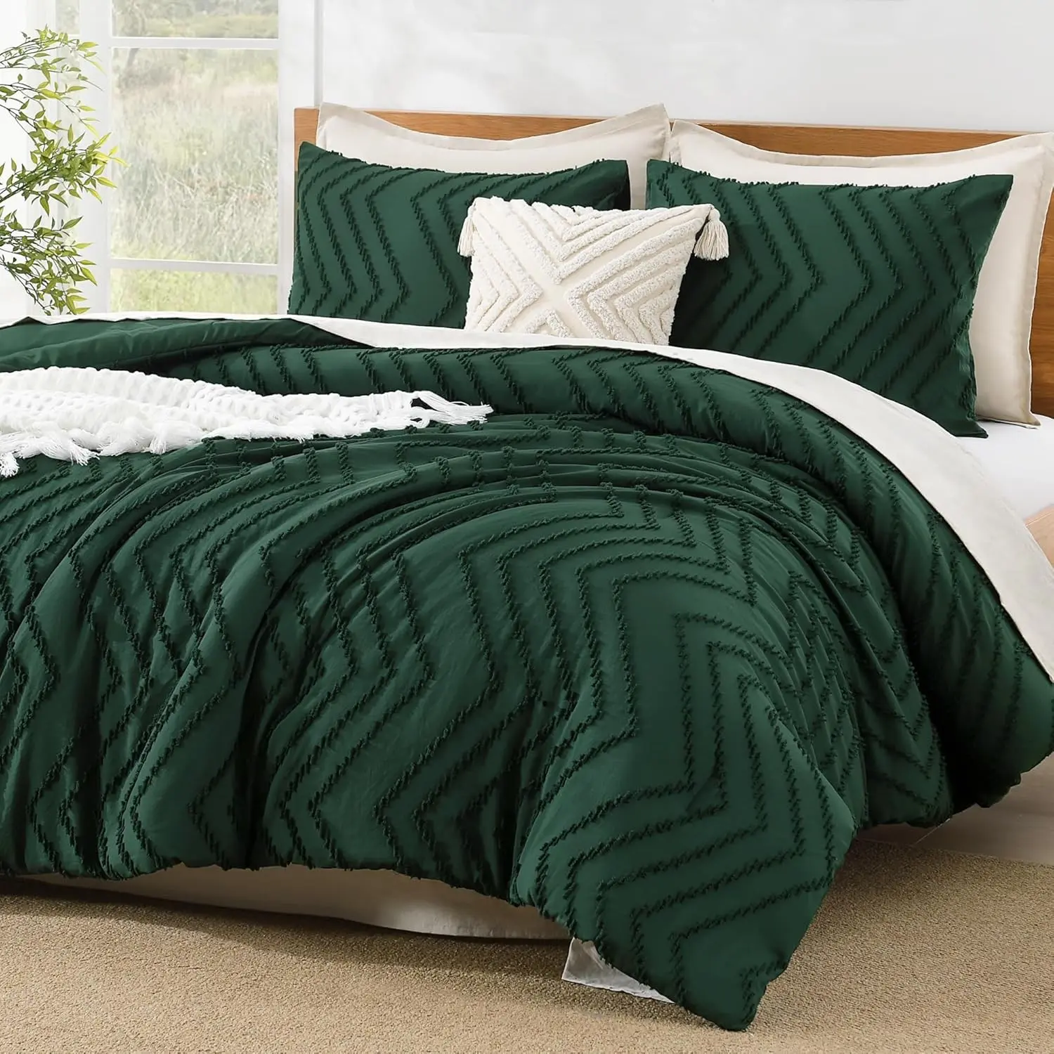 Boho King Comforter Set, 3 Pcs Emerald Green Lightweight Bedding