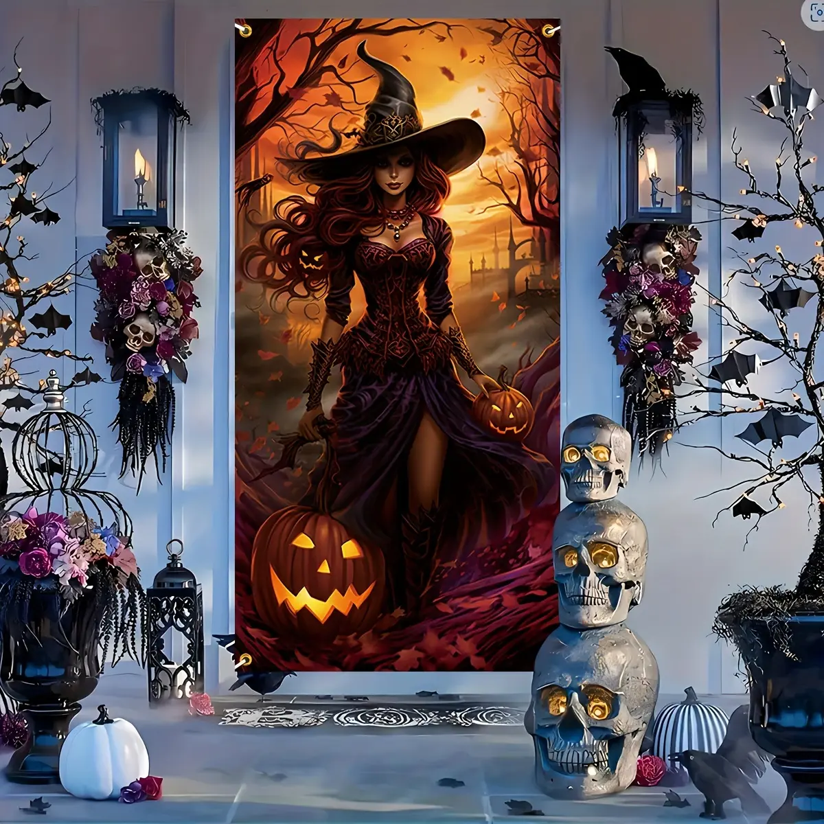 One piece, elegant and beautiful witch door curtain for Halloween, party door frame banner, holiday decoration for indoor and outdoor use in homes, wall hung entrance, terrace, garden door panels, multifunctional without power supply, Backdrops, tc